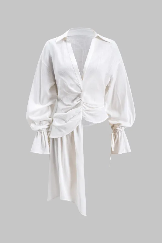 Linned asymmetrisk ruched langærmet skjorte sold by Micas