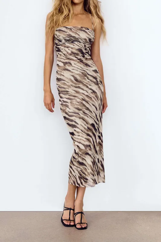 Tiger Print Mesh Ruched Rackless Slip Maxi Dress sold by Micas