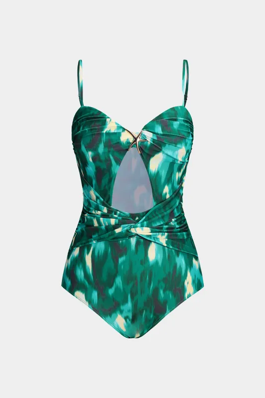 Abstract Print Metallic Decor Ruched Crossed Twist Knot Cut Out Tummy Control I Swimmsuit sold by Micas