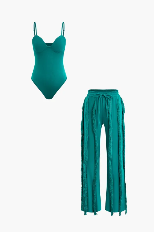 Bustier Slip Bodysuit og Fringe Tie Front Wide Leg Bukser Set sold by Micas
