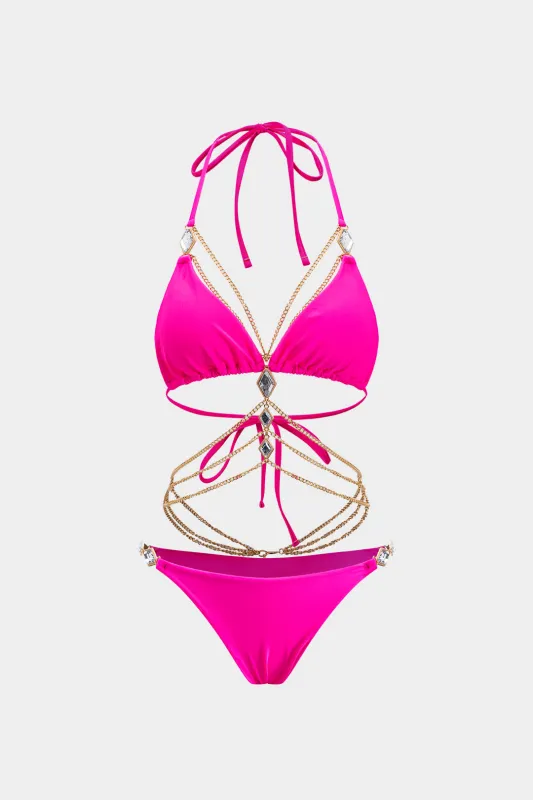 Metalkæde Rhinestone Ruched Strappy Bikini Set sold by Micas