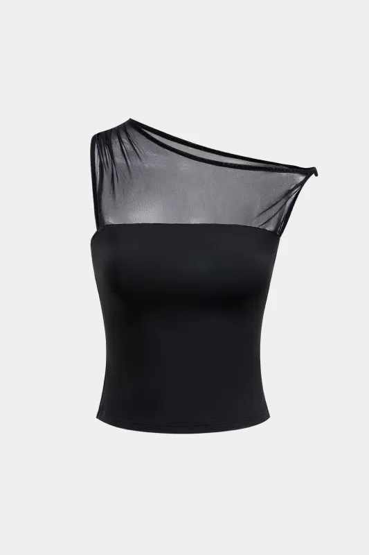 Mesh Ruched Asymmetrical Patchwork Tank Top sold by Micas