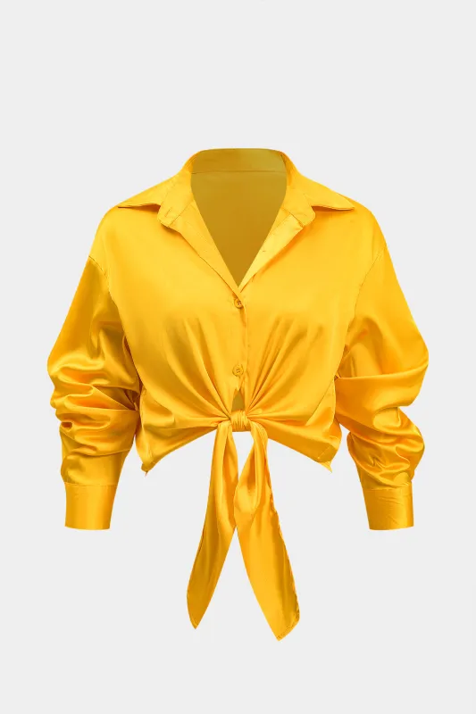 Satin Ruched Button Bind Front Longærme skjorte sold by Micas