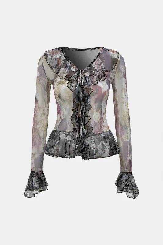 Retro blomsterprint Mesh Strappy Bell Sleeve Shirt sold by Micas