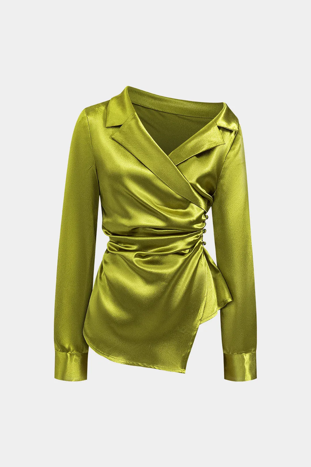 Satin asymmetrisk ruched knap langærmet shirt sold by Micas