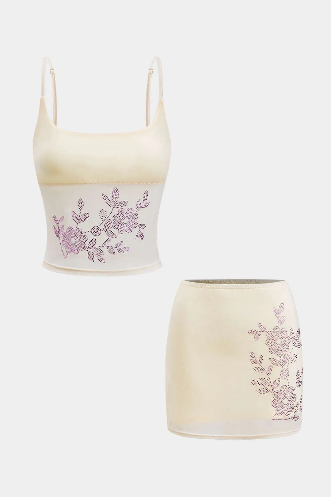 Blomstermønster mesh rhinestone cami top og nederdel sæt sold by Micas