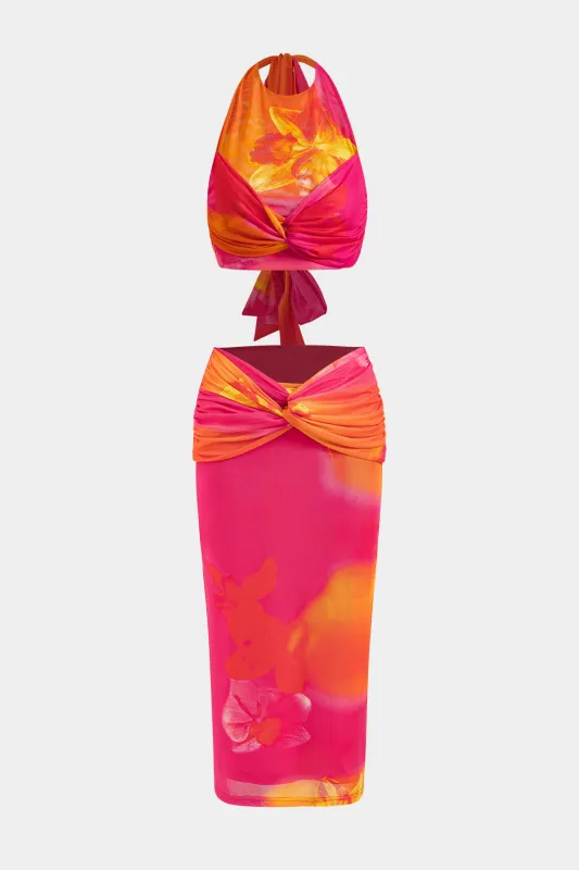 Blomsterprint Ruched Twist Knot Tie op rygfri top og spalte nederdel sæt sold by Micas