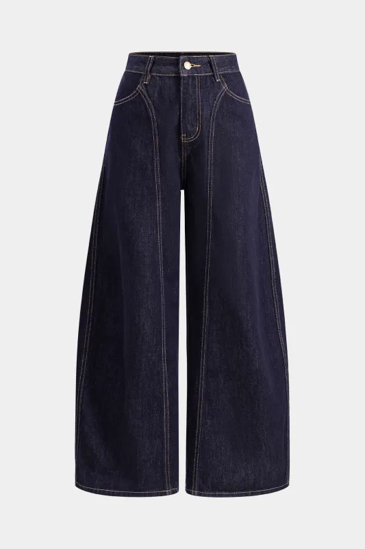 Denim patchwork knap lomme brede ben jeans sold by Micas