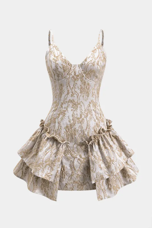 Jacquard Ruffle Ruched Zipper Bustier Slip Mini Dress sold by Micas