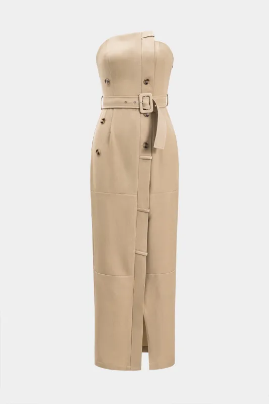 Ruched Asymmetrical Belted Button Stropless maxi kjole sold by Micas