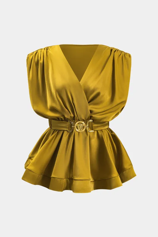 Metallisk satin ruched bæltet tank top sold by Micas