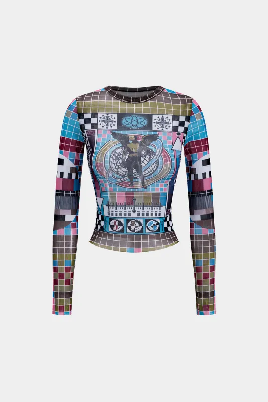 Retro print mesh langærmet t-shirt sold by Micas