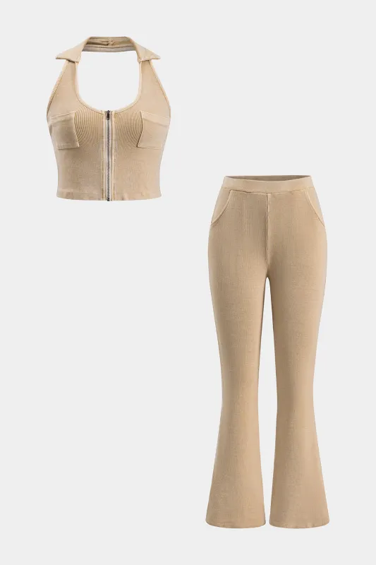 Pocket Zipper Backless Cami Top og Flared Leg Bukser Set sold by Micas