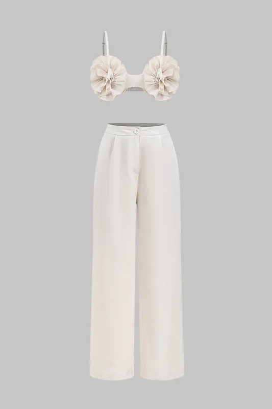 3d Flower Ruched Cami Top og Button Pocket Wide Leg Bukser Set sold by Micas