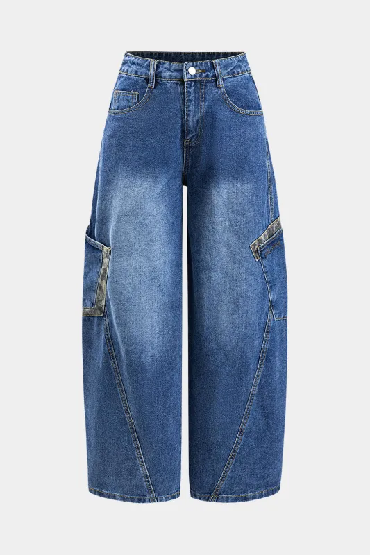 Brev broderi denim knap lomme brede ben jeans sold by Micas