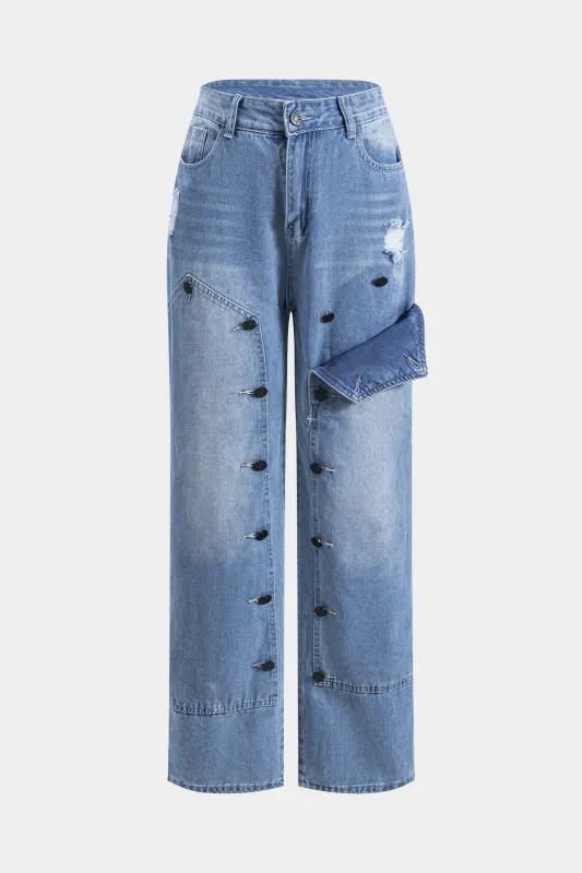 Denim patchwork knap lomme brede ben jeans sold by Micas