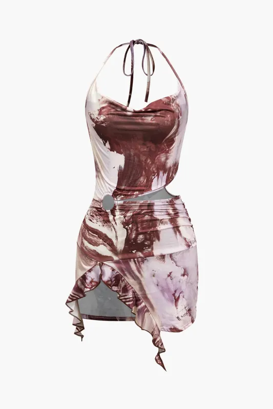 Bind farvestofprint Ruched Ruffle Cut Out Tie-Up Backless Mini Dress sold by Micas