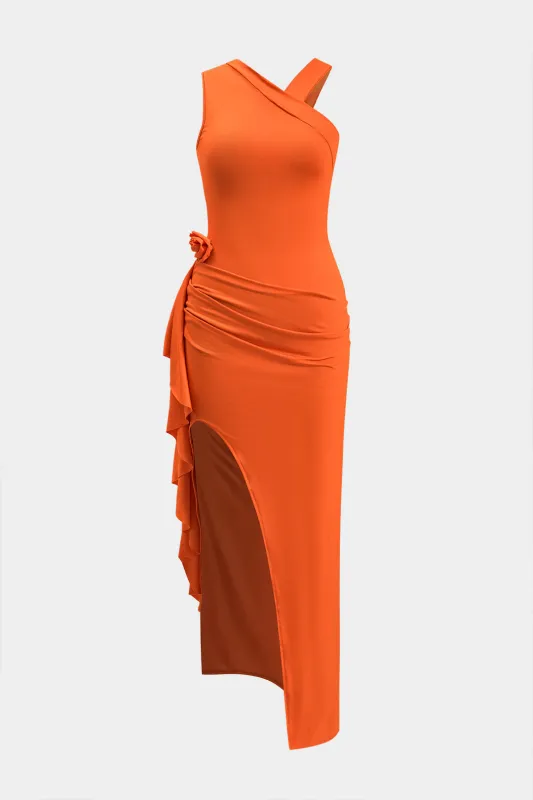 3d Flower Ruched Asymmetrical Ruffle Slit Midi Dress sold by Micas