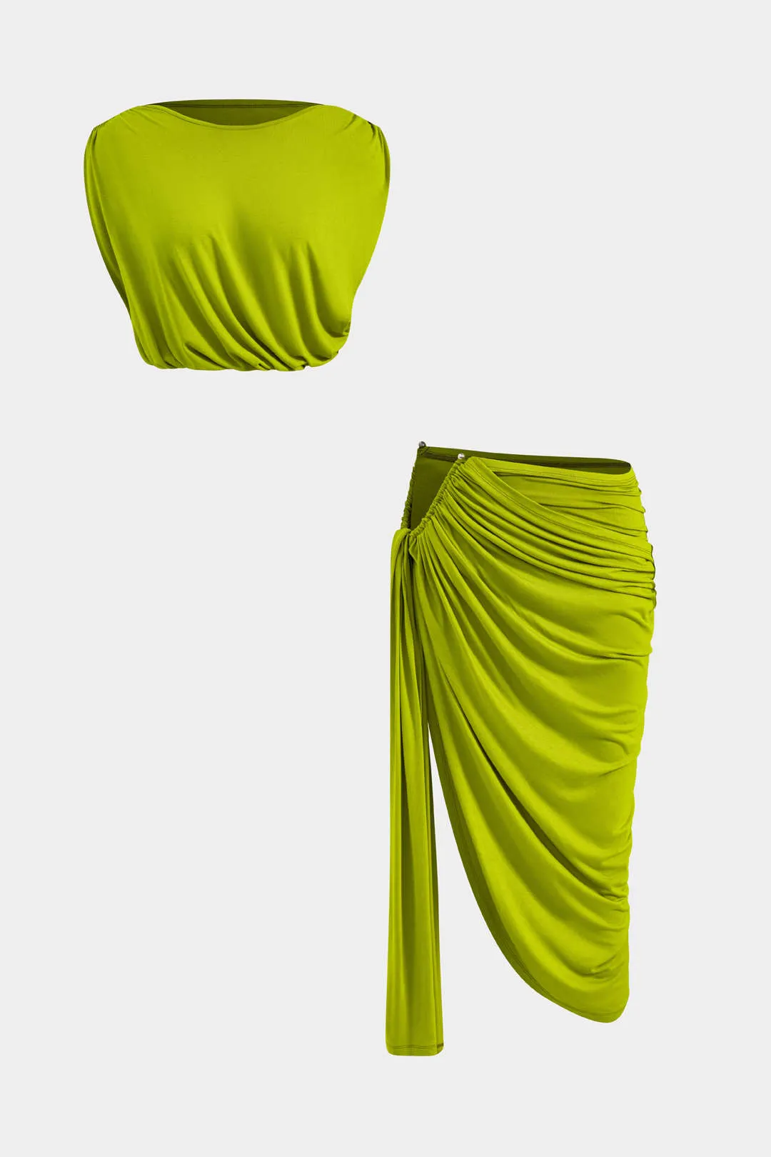 Solid Ruched Top og Metal Asymmetrical Nederdel sæt sold by Micas