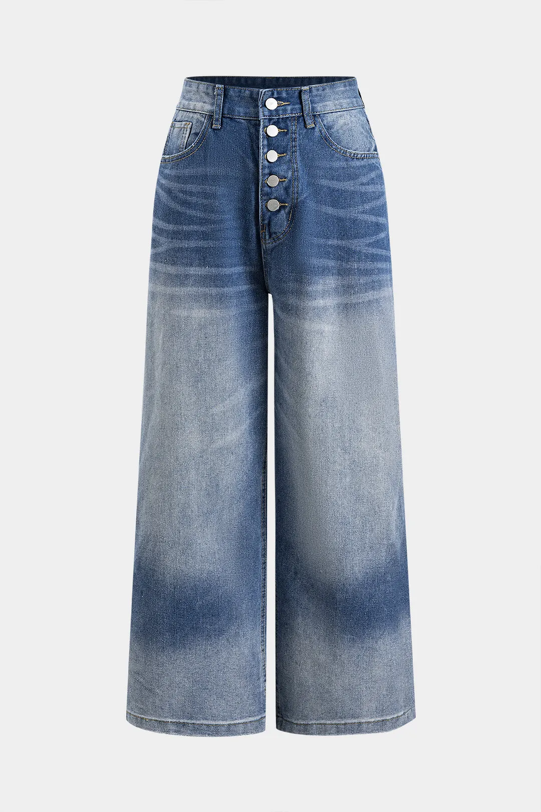 Denim Faded Distressed Button Pocket Wide Leg Jeans sold by Micas