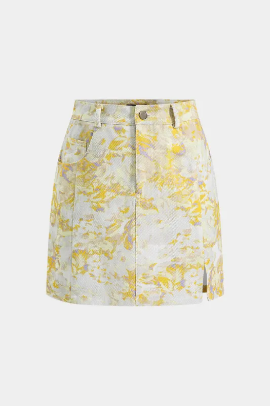 Abstract Print Denim Button Pocket Slit Skirt sold by Micas