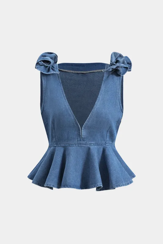 Denim Ruffle Ruched  V-neck Crop Top sold by Micas
