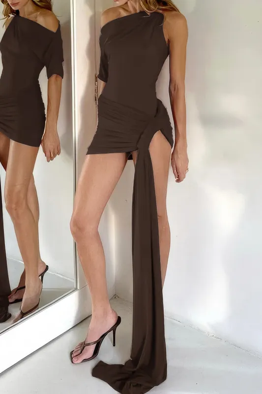 Ruched Asymmetrical Crossed Mini Dress sold by Micas