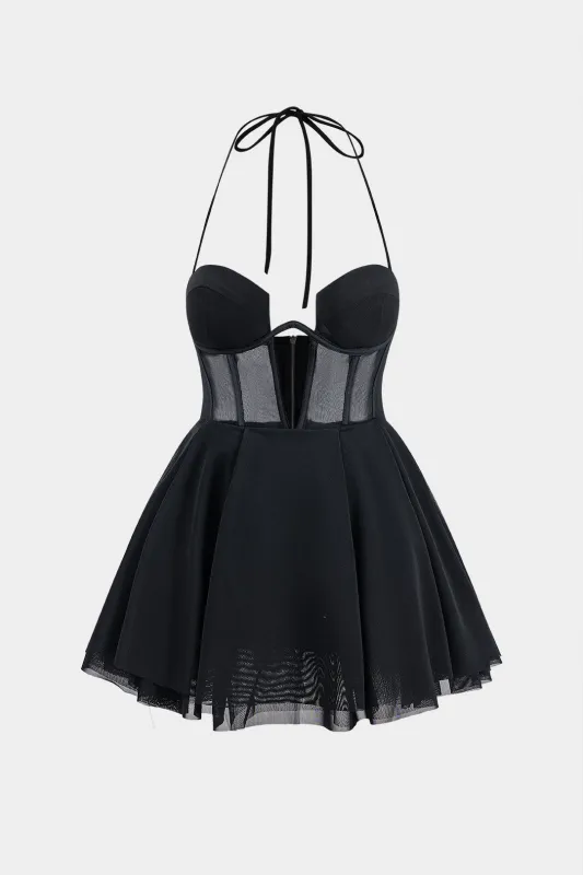 Mesh Ruched Tie-Up Cut Out Zipper Corset Mini Dress sold by Micas