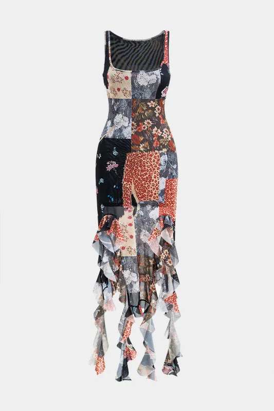 Floral Print Mesh Ruffle Sleeveless Maxi Dress sold by Micas