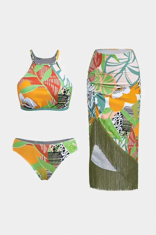 Blomsterblade Print Ruched Bikini Fringe Cover Up Set sold by Micas