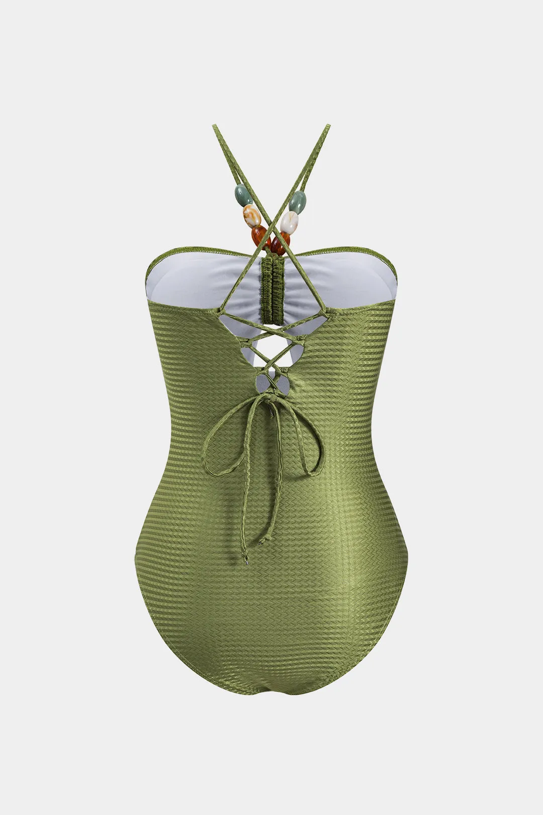 Tekstureret sten ruched udskåret slips tilbage mave kontrol badedragt og abstrakt print slips knude cover up sæt sold by Micas product image thumbnail 3