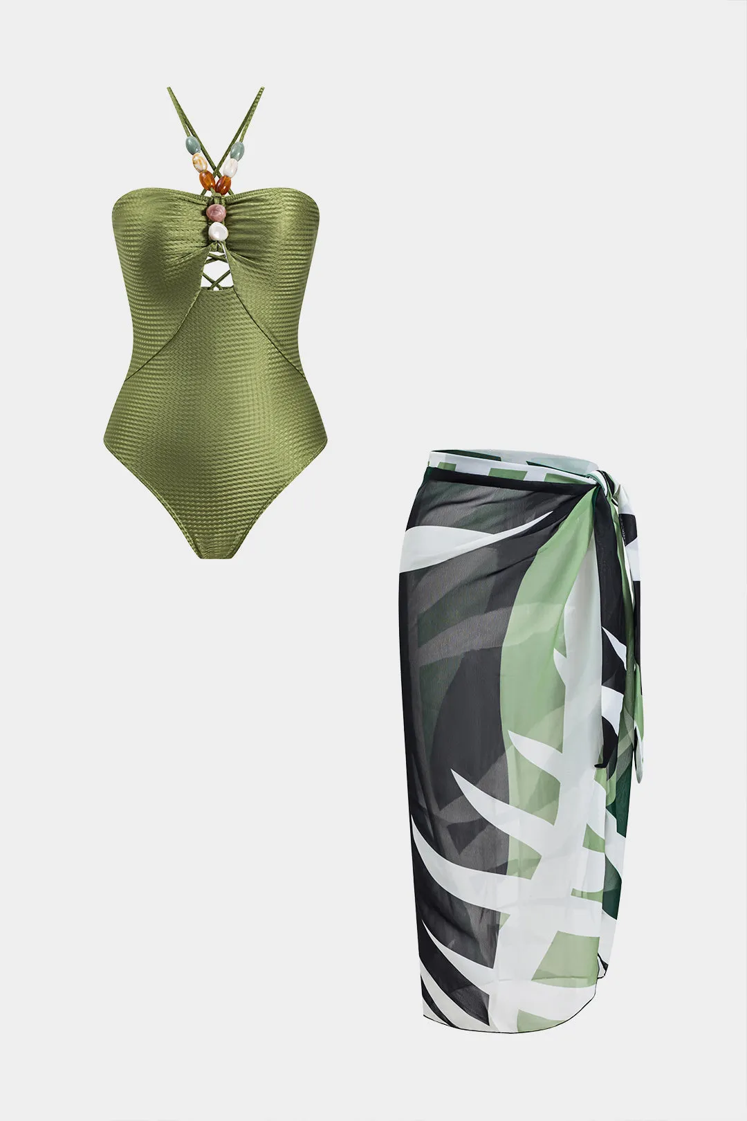 Tekstureret sten ruched udskåret slips tilbage mave kontrol badedragt og abstrakt print slips knude cover up sæt sold by Micas