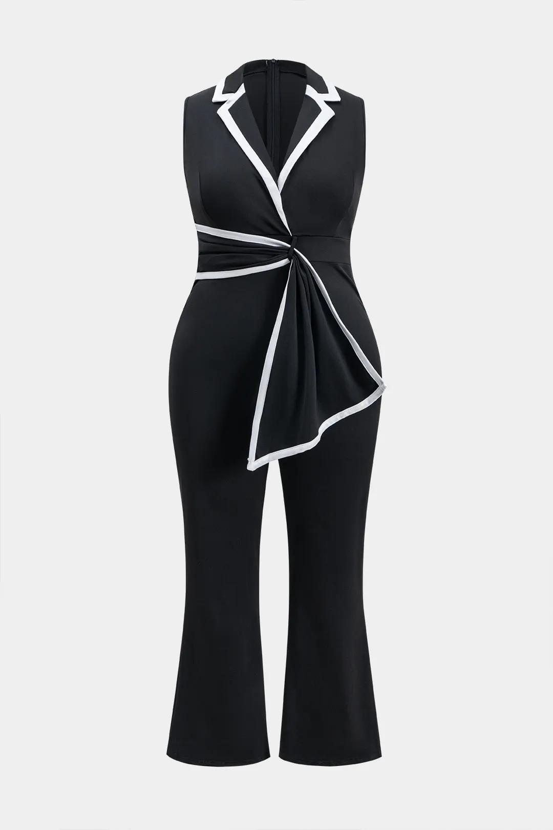 Kontrast plus størrelse ruched lynlås ærmeløs bred ben jumpsuit sold by Micas