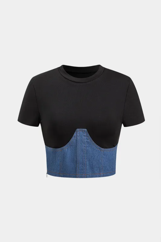 Denim patchwork lynlås kortærmet t-shirt sold by Micas