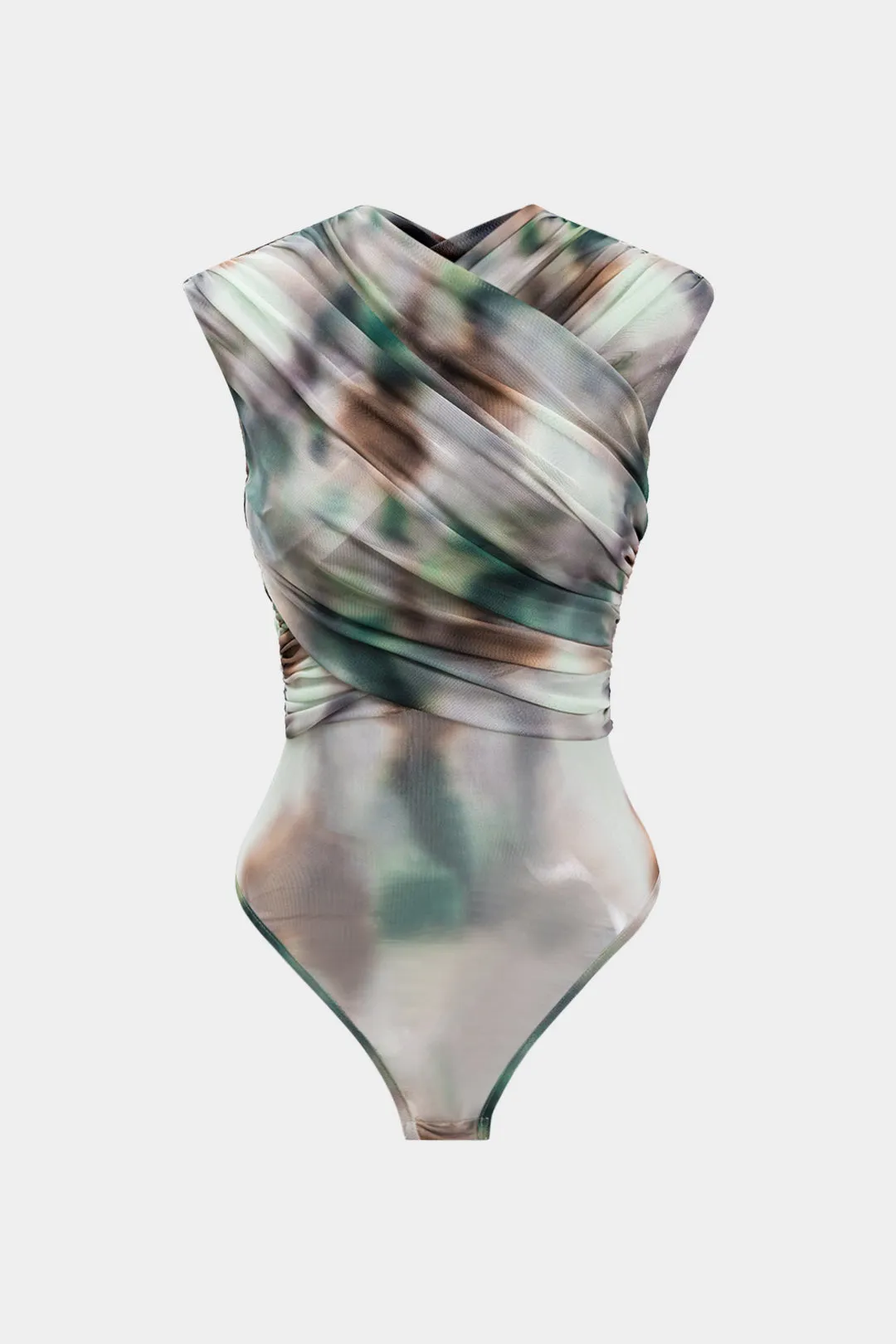 Ombre Print Mesh Ruched krydsede ærmeløs bodysuit sold by Micas