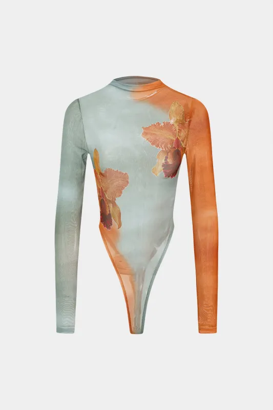 Ombre blomsterprint mesh langærmet bodysuit sold by Micas