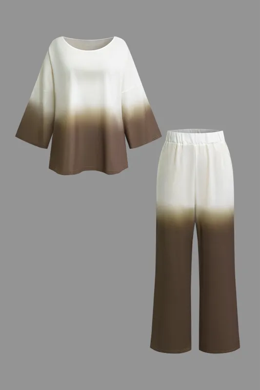 Ombre print langærmet top og ruched brede benbukser sæt made by Micas