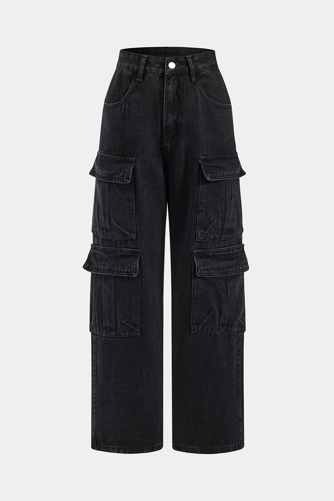 Denim Ruched knap klap lomme brede ben jeans sold by Micas