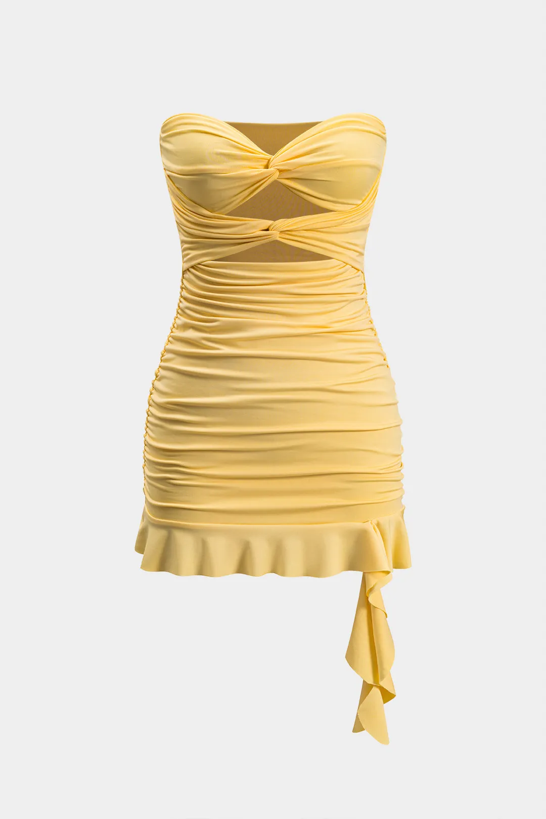 Ruffle Cut Out Twist Knot Stropless Mini Dress sold by Micas