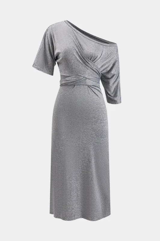 RUCHED ASYMMETRY TIE Back Short Sleeve Midi kjole sold by Micas