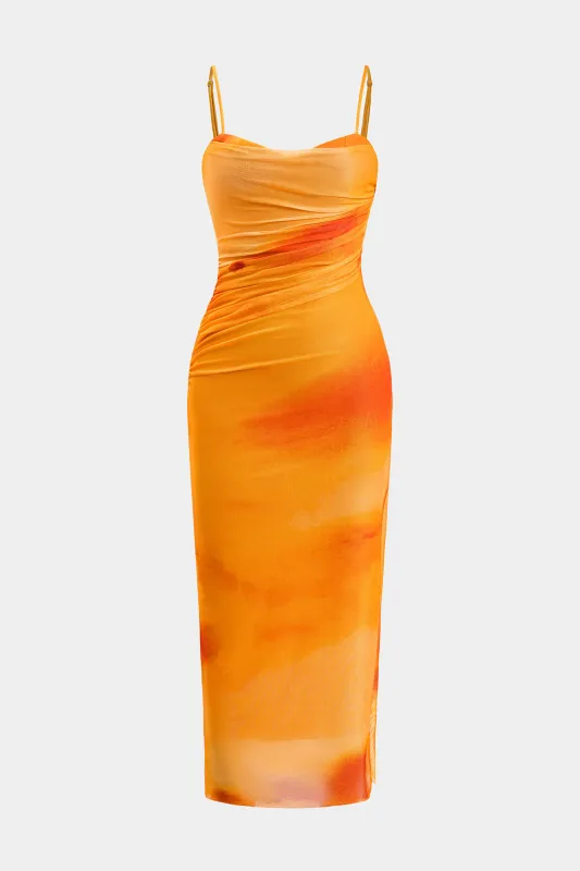 Vandfarveprint Mesh Ruched Slip Midi Dress sold by Micas