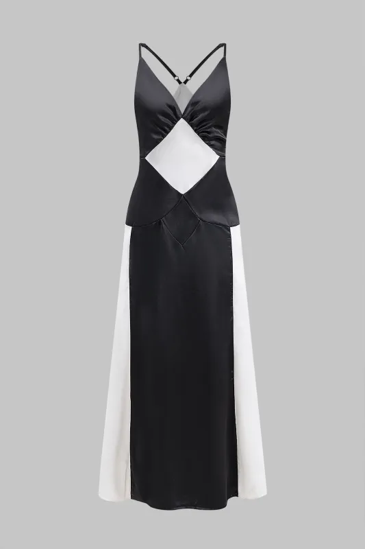 Kontrast satin ruched patchwork slip maxi kjole sold by Micas