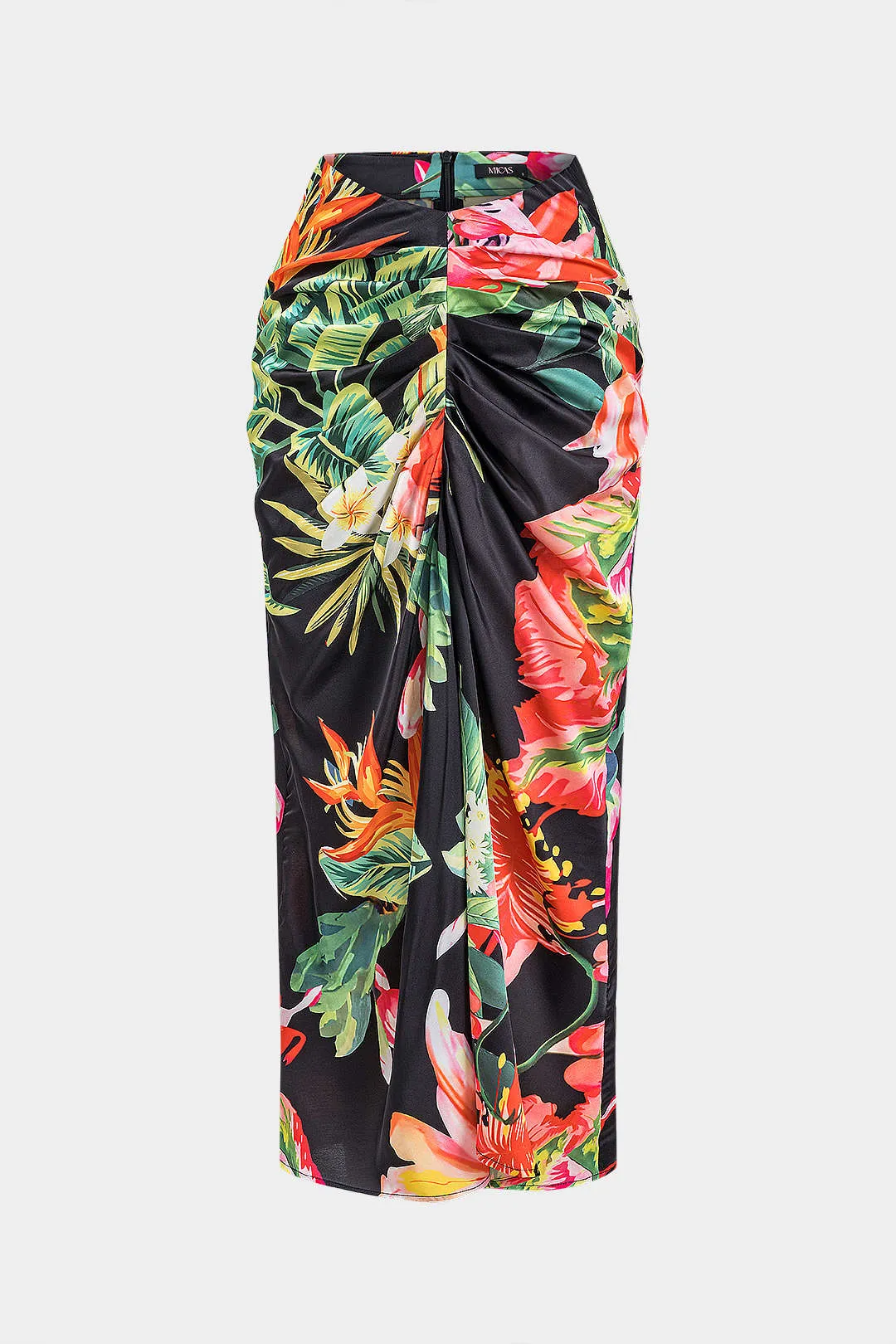 Blomsterprint Satin Ruched lynlås spalte nederdel sold by Micas