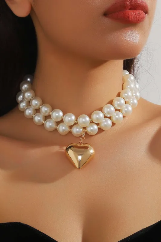 Metal Pearl Geometric Heart Pendant Double-Layer halskæde sold by Micas
