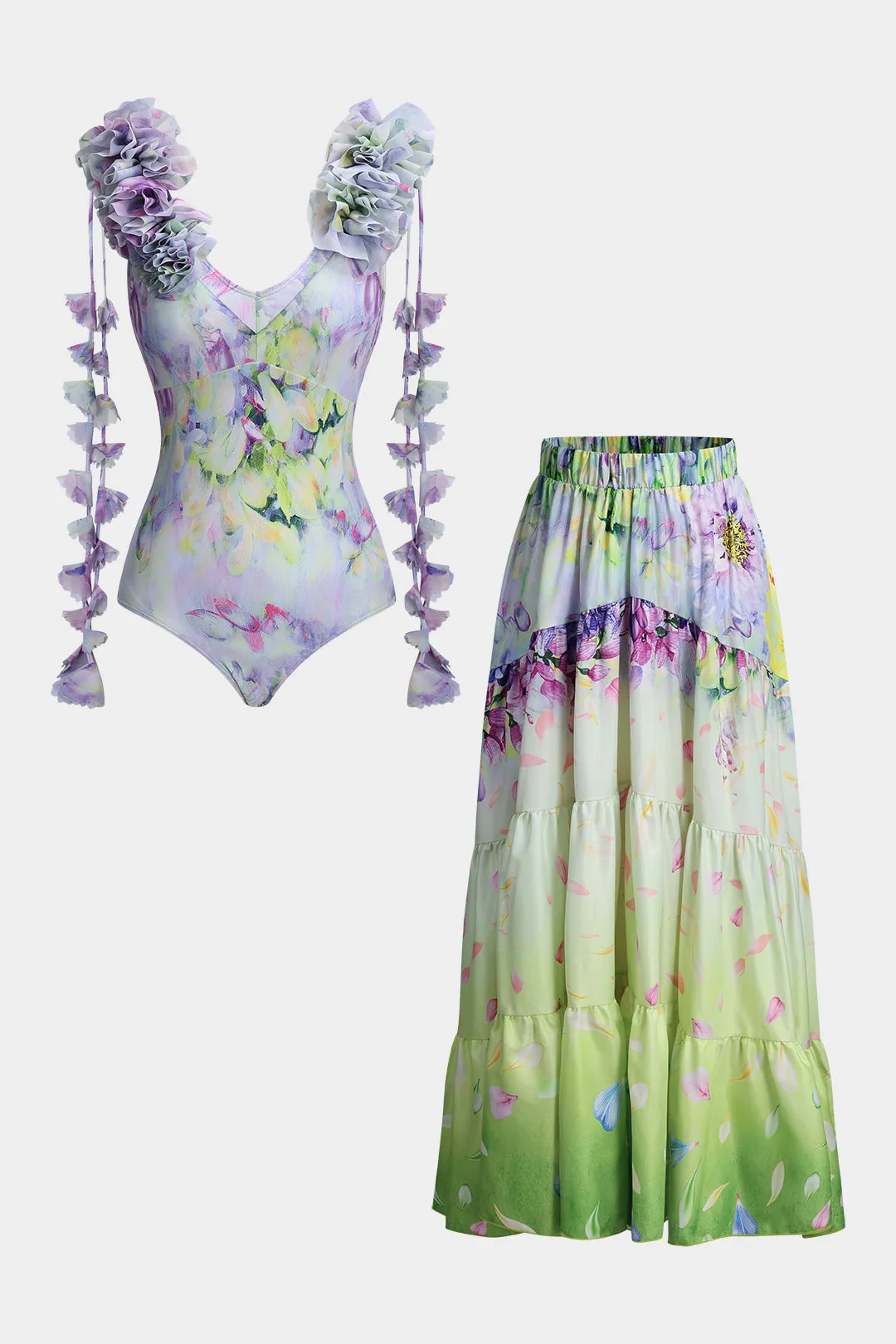 Blomsterprint Fringe Ruffle Tummy Control Badetøj og Ruched Cover Up Set sold by Micas