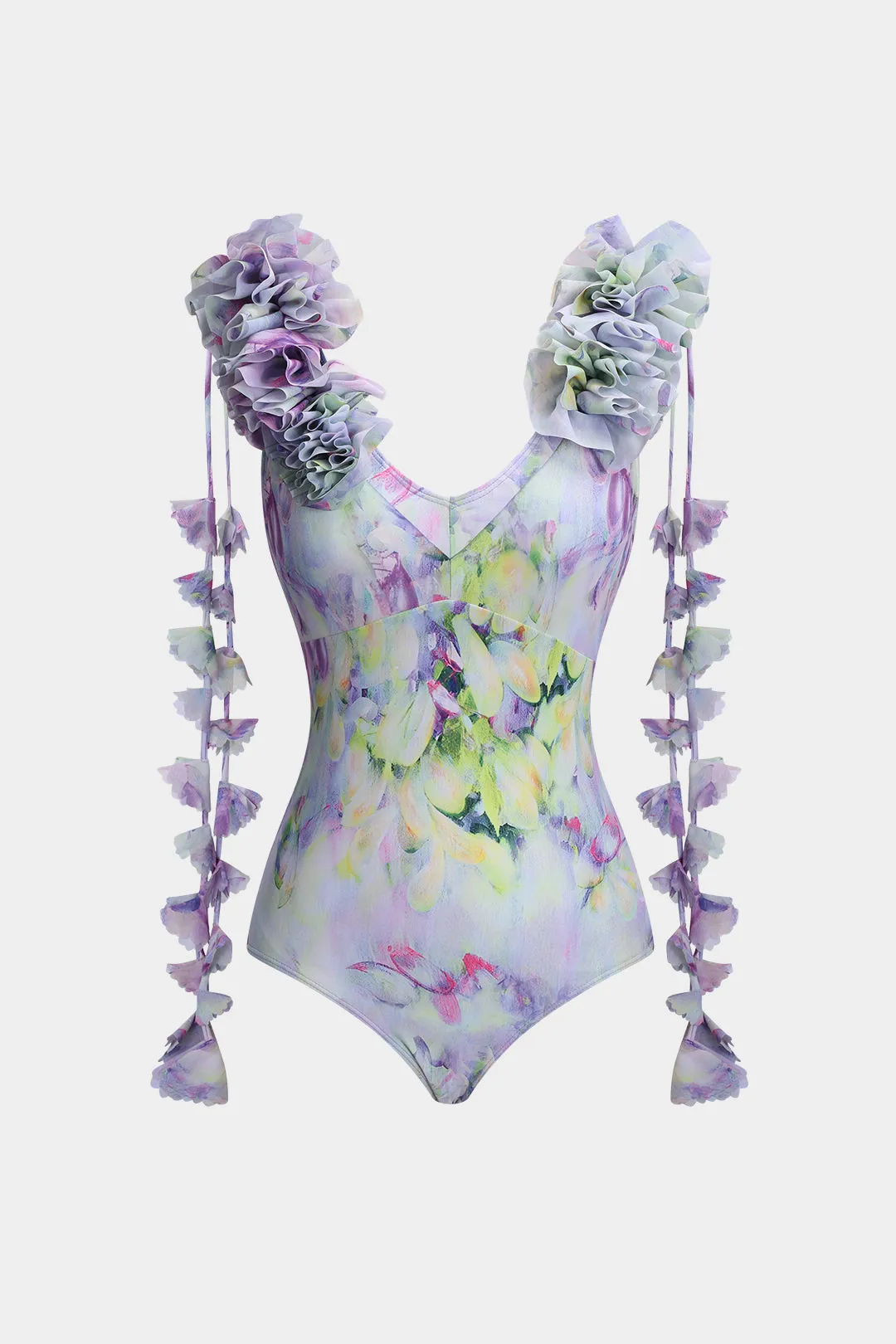 Blomsterprint Fringe Ruffle Tummy Control Badetøj og Ruched Cover Up Set sold by Micas product image thumbnail 2