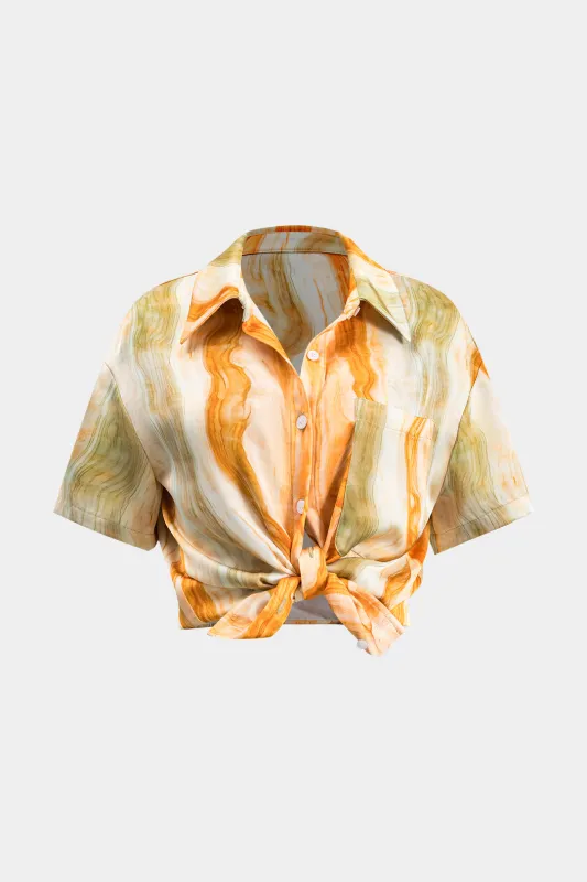 Marmor Print Tie Front Button Pocket Shortærme skjorte sold by Micas