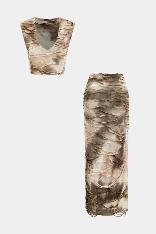 Kontrastprint Mesh Ripped Tank Top og Slit nederdel sæt sold by Micas
