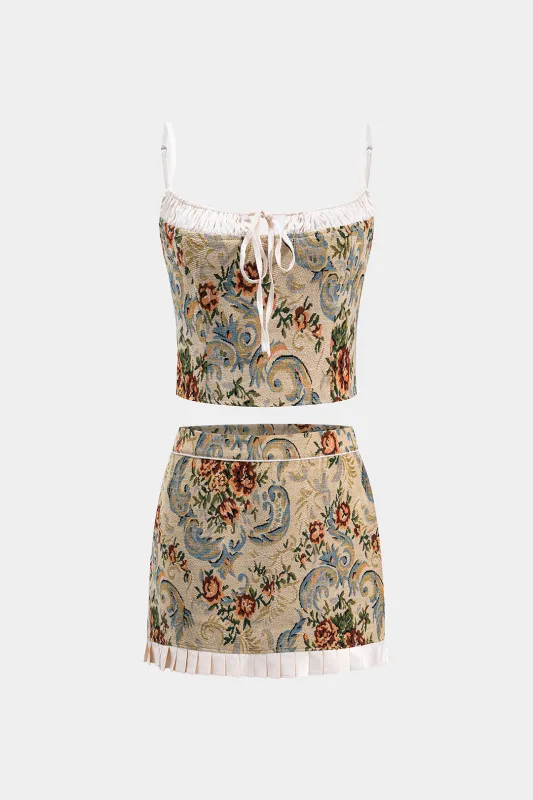 Satin Jacquard Ruched Patchwork Tie Front Zipper Slip Top and Skirt Set made by Micas