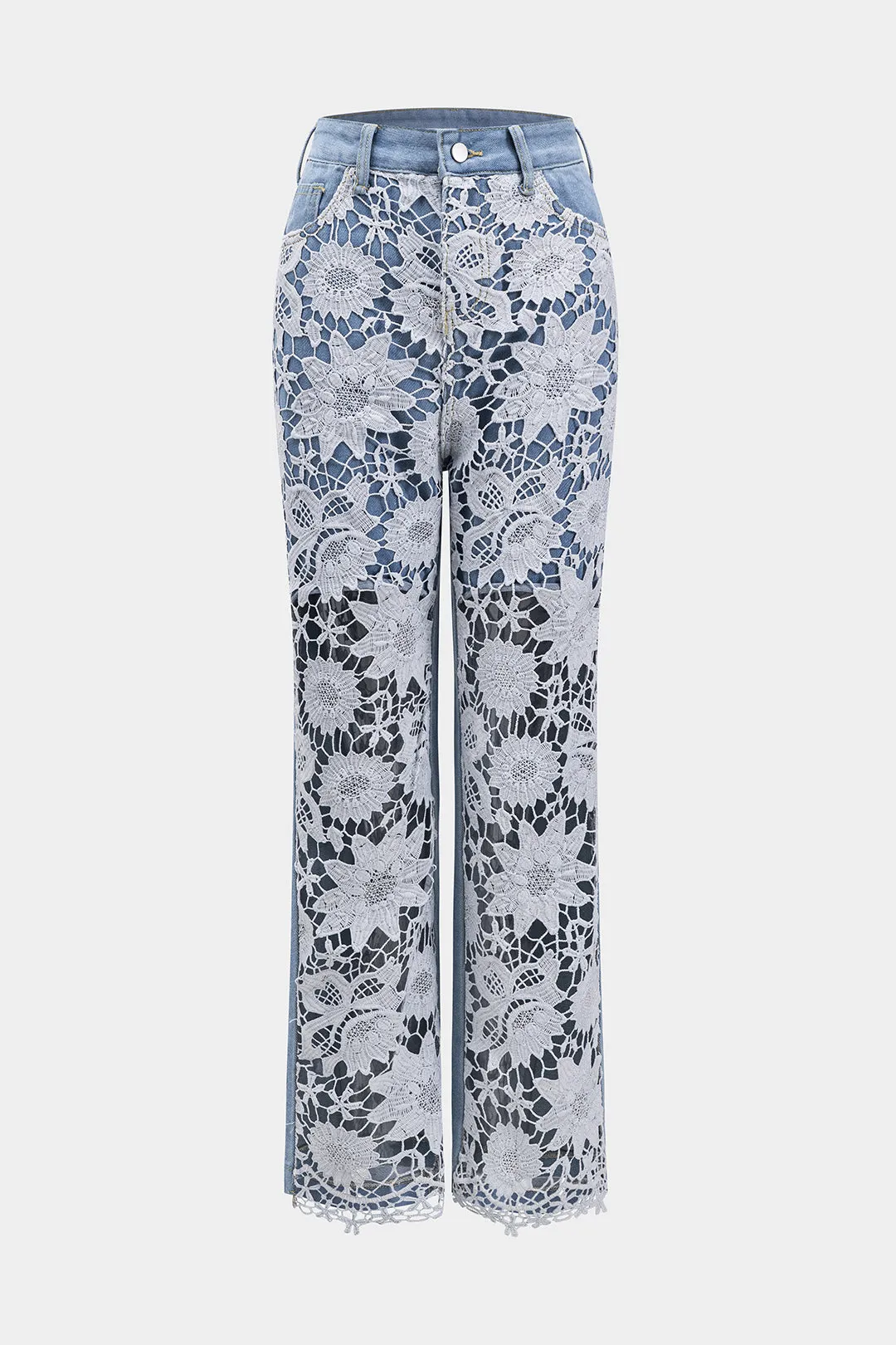 Denim broderi patchwork skåret lomme jeans sold by Micas